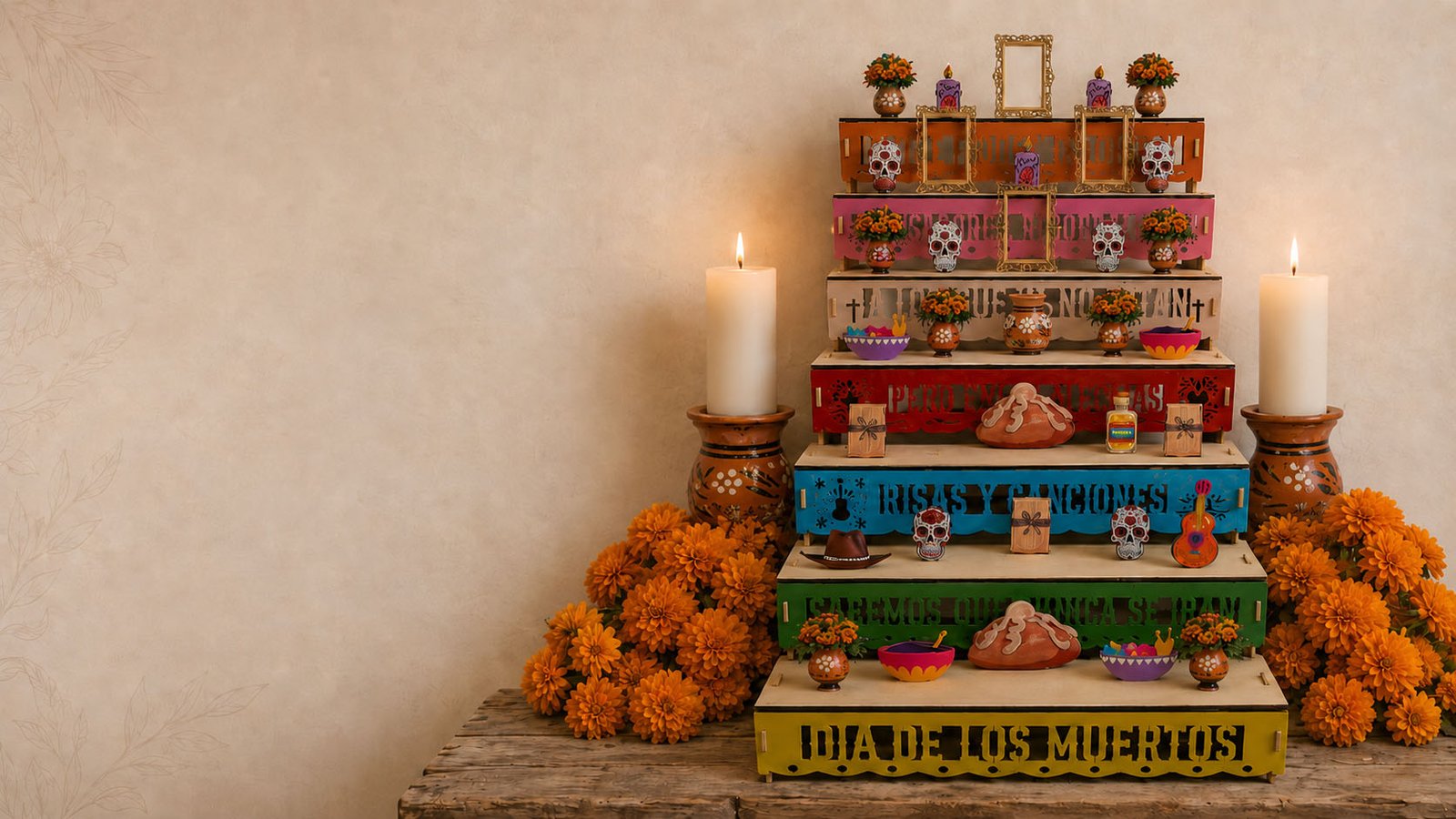 Altar de madera rodeado de flores de cempasúchil y velas